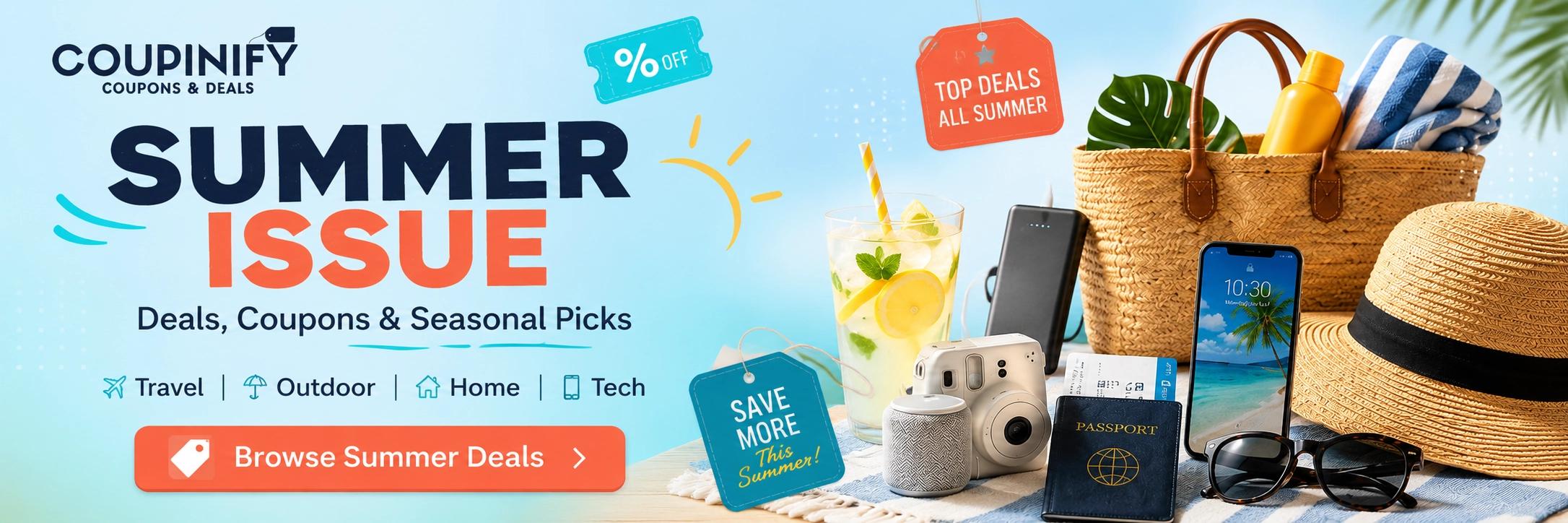 Coupinify Summer Issue banner featuring summer deals, coupons, beach essentials, lemonade, a straw bag, sunglasses, camera, and seasonal savings for all-summer offers.